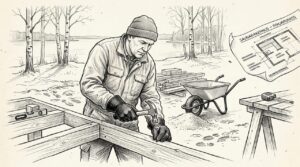 Keväällä rakentaja ryhtyy tekemään saunan perustuksia puusta.