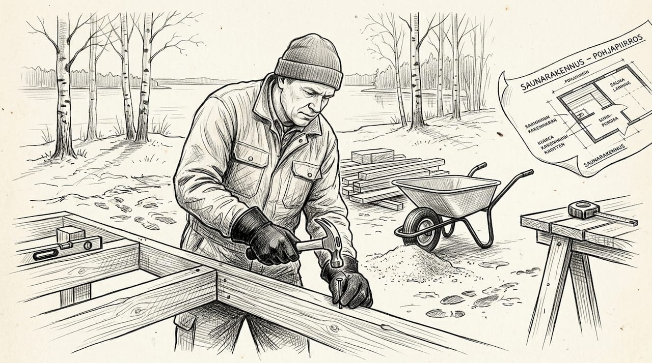 Keväällä rakentaja ryhtyy tekemään saunan perustuksia puusta.