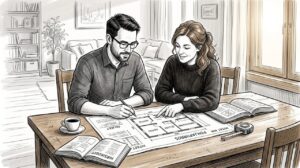 Pariskunta tutkii yhdessä hirsitalon pohjapiirroksia