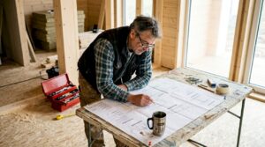 Der Bauleiter begutachtet den Montageplan für das Holzhaus und überprüft die Abläufe auf ihre Umsetzbarkeit.