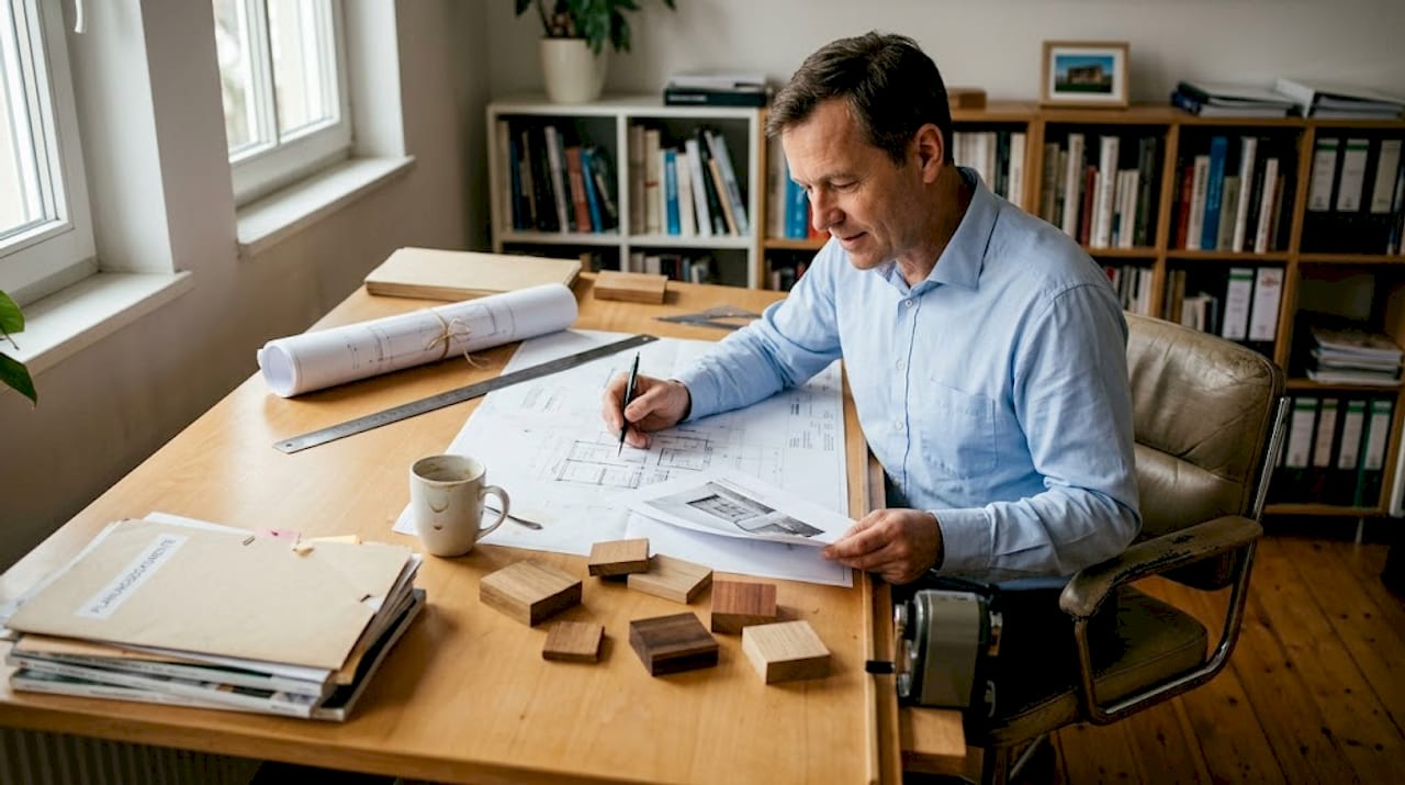 Ein Architekt arbeitet im Büro an den Entwürfen für ein Holzhaus und trägt Änderungen direkt in die Baupläne ein.