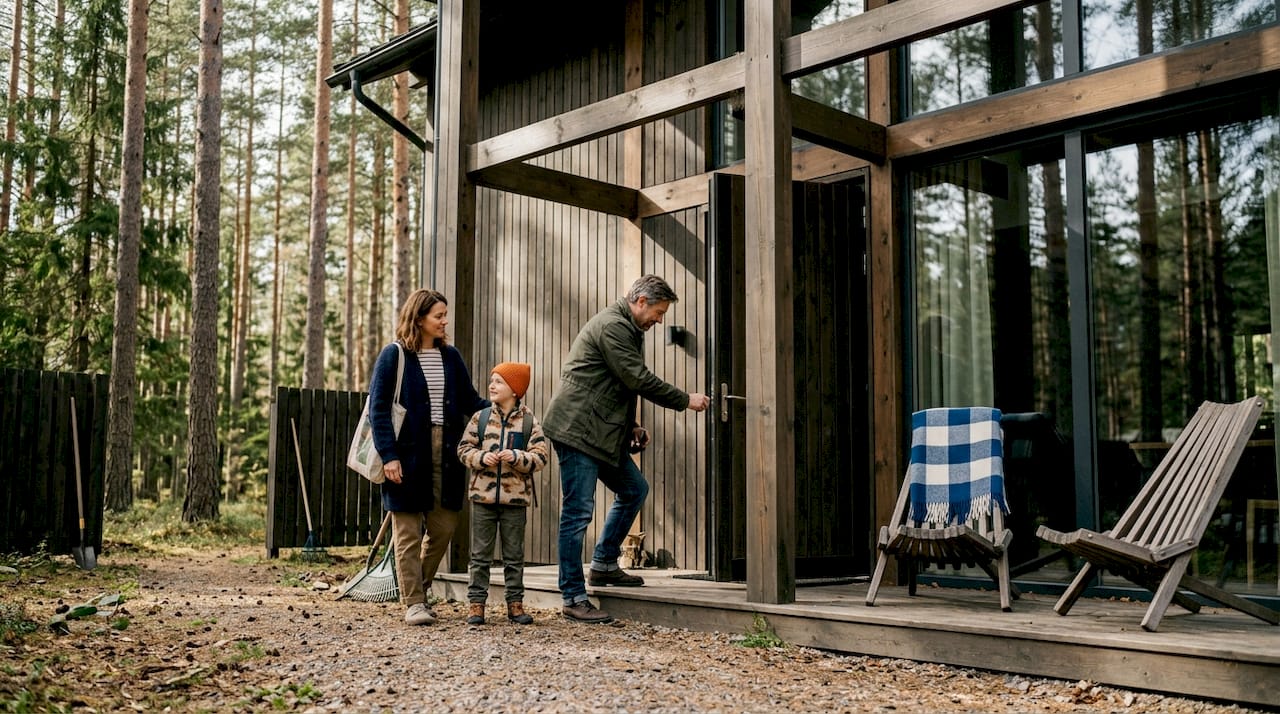 Eine Familie genießt gemeinsam die Zeit vor ihrer modernen Holzvilla im Grünen.