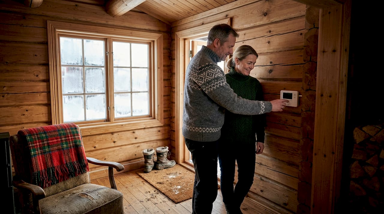 Et par står inne i en koselig tømmerhytte og justerer termostaten for å få akkurat passe temperatur.