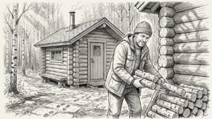 Joku latoo puita saunamökin seinustalle.