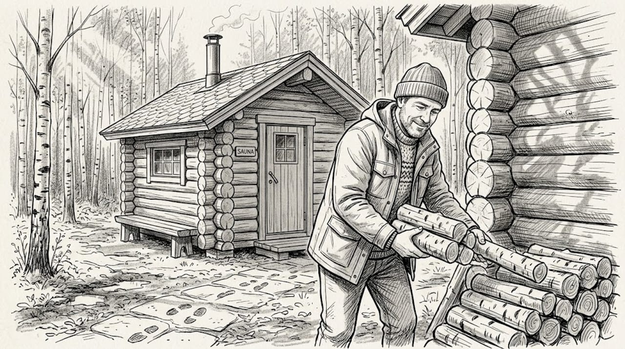 Joku latoo puita saunamökin seinustalle.