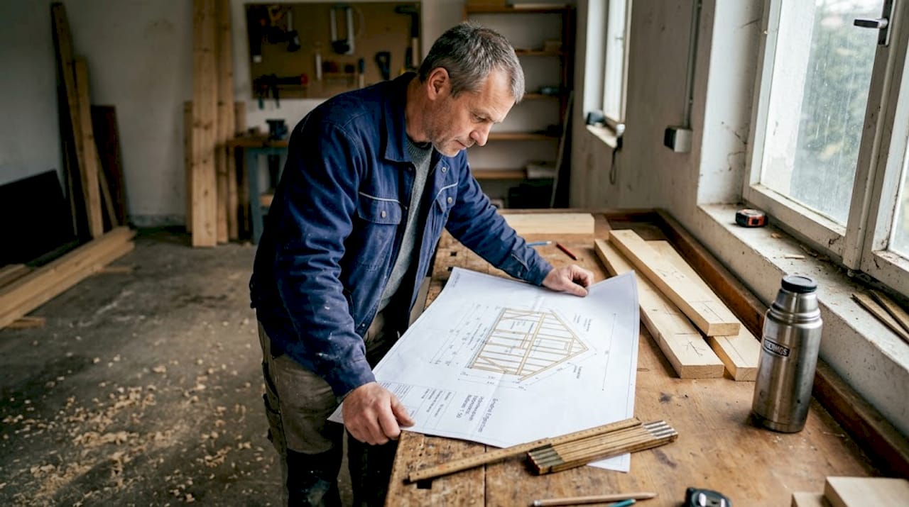Ein Bauleiter begutachtet die Baupläne für den Holzrahmenbau direkt in der Garage.