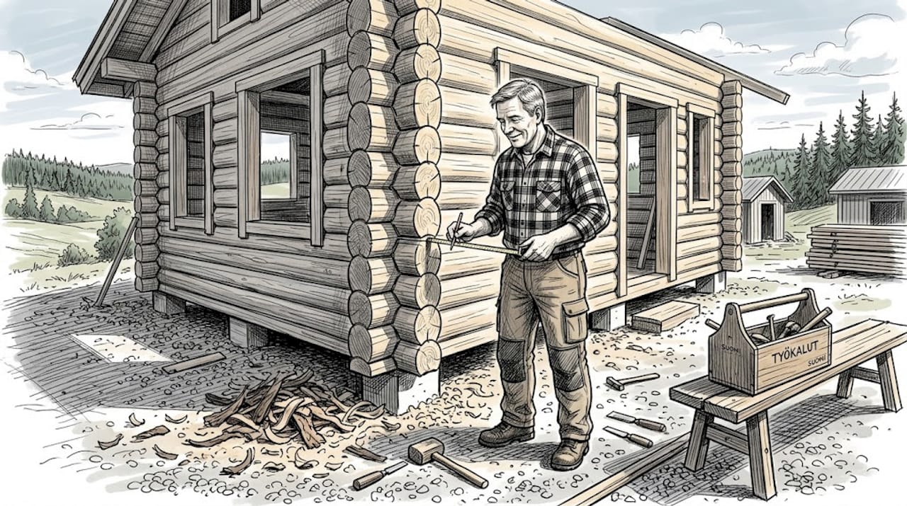 Kirvesmies tarkistaa hirsitalon salvosten istuvuutta työmaalla.