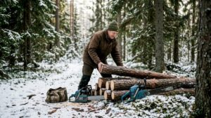 Worker harvesting pine in snowy Finnish forest