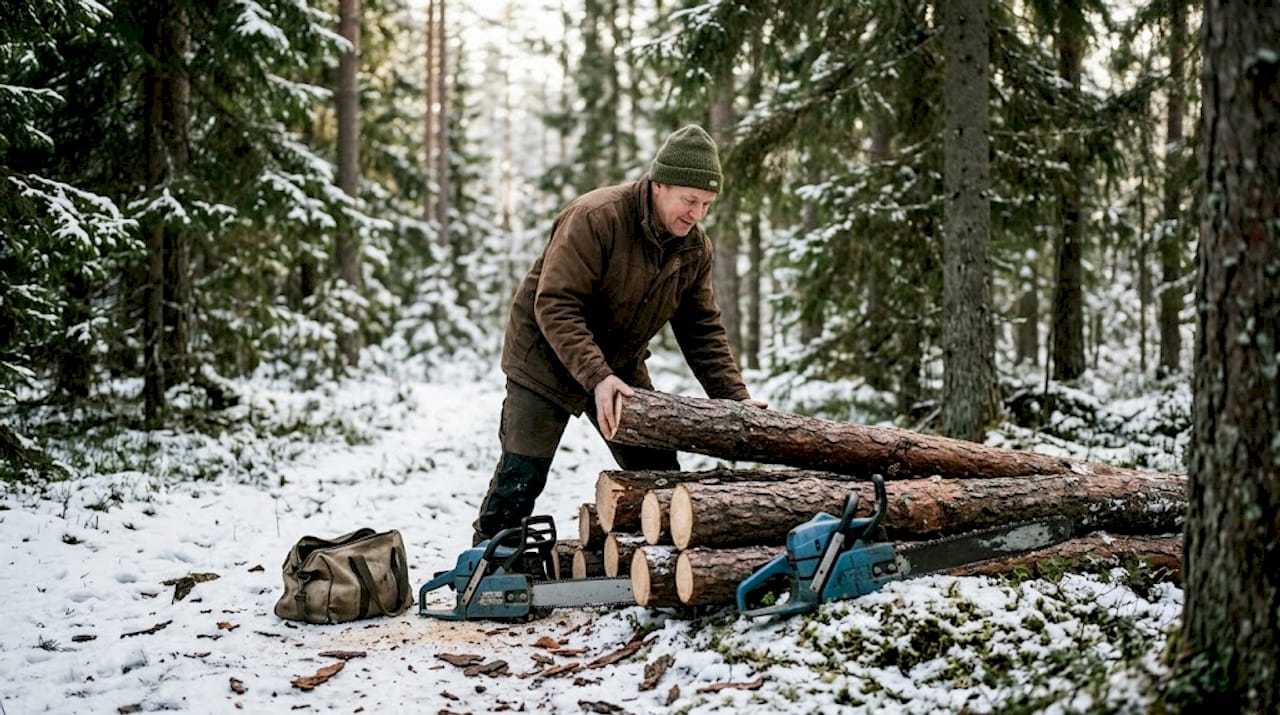 Worker harvesting pine in snowy Finnish forest