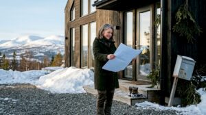 Arkitekten finjusterar ritningarna för ett modernt fjällhus