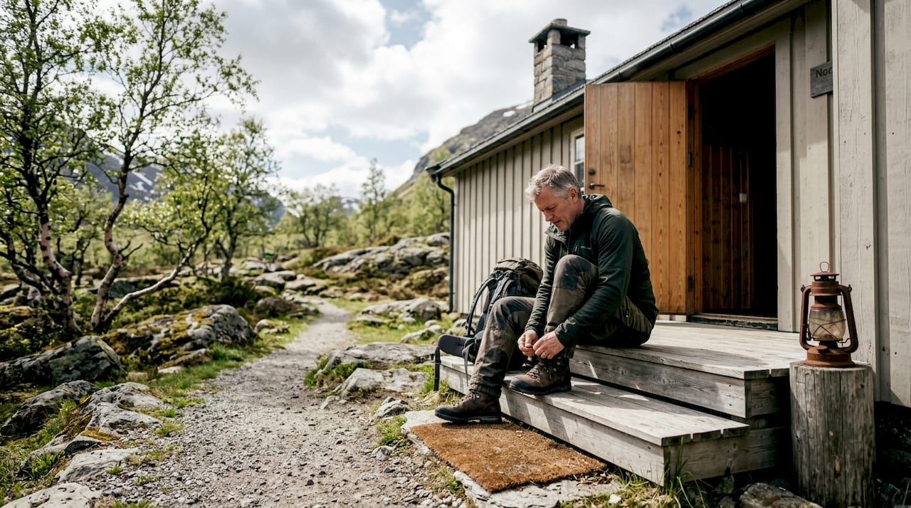 En mann gjør seg klar utenfor en hytte, på en mosegrodd sti i norsk natur.