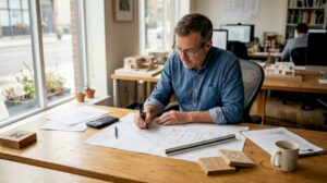 Im Architekturbüro nimmt sich ein Statiker die Baupläne für ein Holzhaus ganz genau vor.