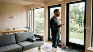En person slapper av hjemme i en moderne modulbolig med utsikt til hagen.