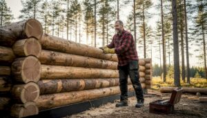 Finnish carpenter building log house wall