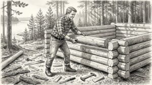 Hirsimökin runko kohoaa järven rannalle.