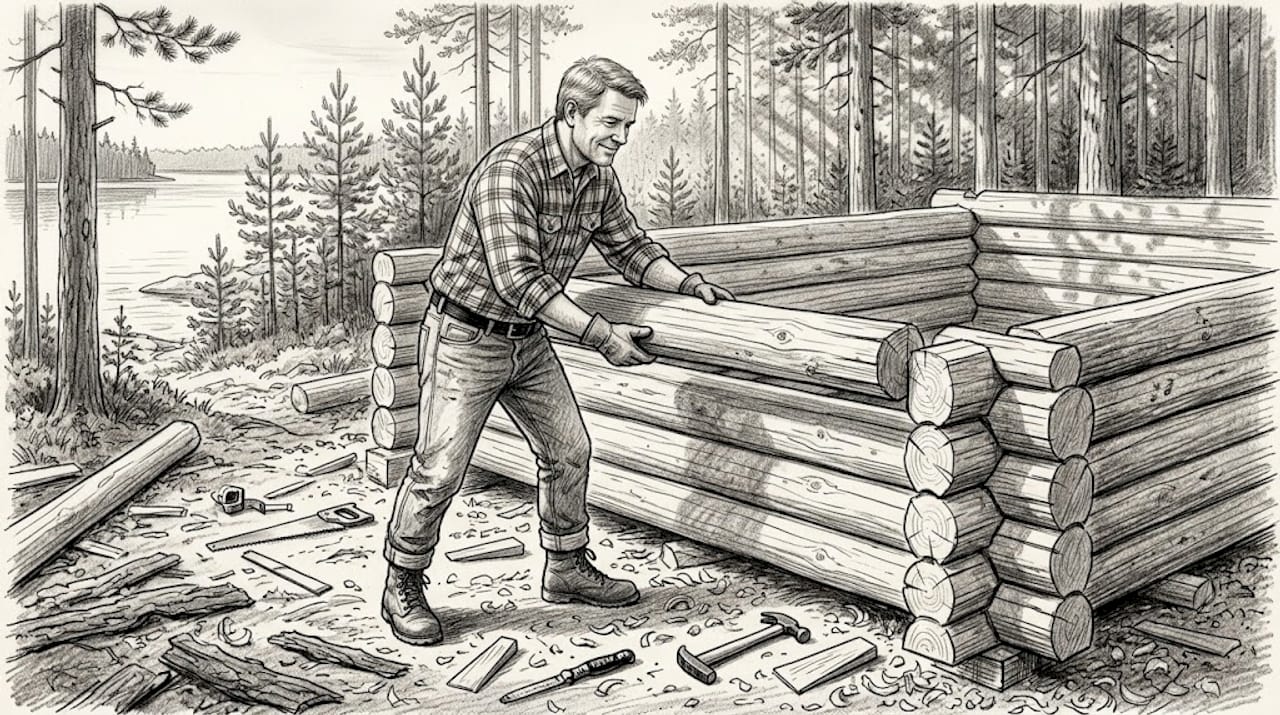 Hirsimökin runko kohoaa järven rannalle.