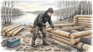 Rakentaja pystyttää hirsisaunan runkoa järven rannalla.