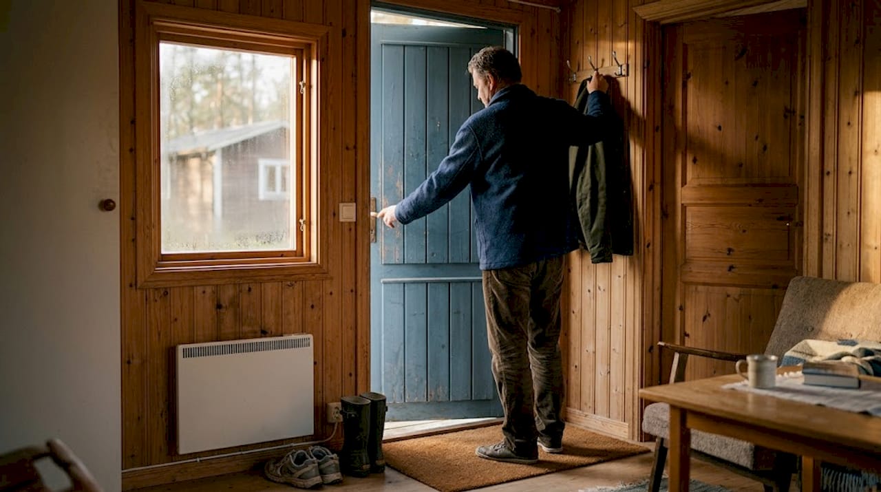 En person kliver in i ett ljust och inbjudande svenskt sommarhus.