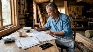 En mann ser nøye gjennom byggetegningene i ei laftet hytte.