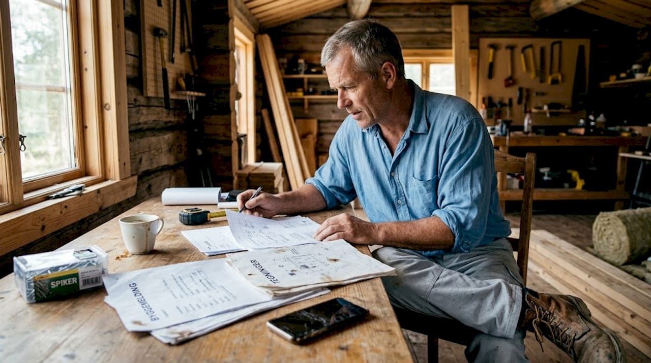 En mann ser nøye gjennom byggetegningene i ei laftet hytte.