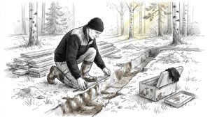 Rakentaja mittailee pihasaunan perustuksia takapihalla.