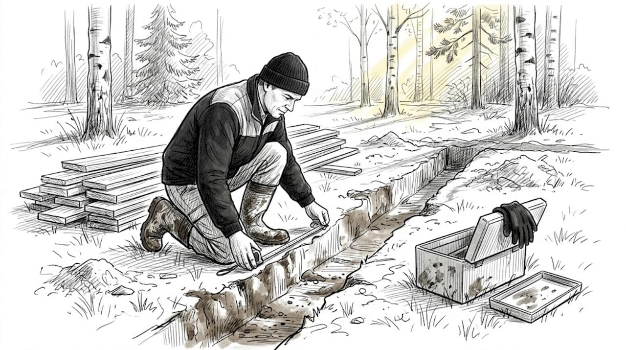 Rakentaja mittailee pihasaunan perustuksia takapihalla.