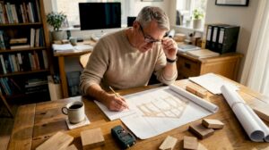 Byggingenjören sitter vid ritbordet och skissar på en timmerstomme.