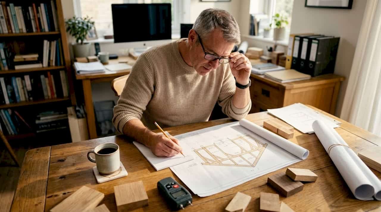 Byggingenjören sitter vid ritbordet och skissar på en timmerstomme.