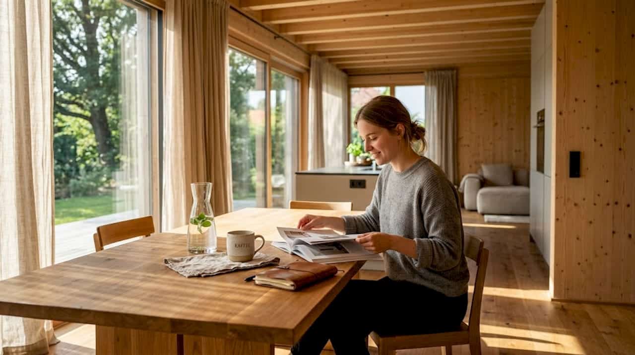 Eine Frau sitzt an einem Esstisch in einer modernen Holzvilla mit großen Glasfronten.