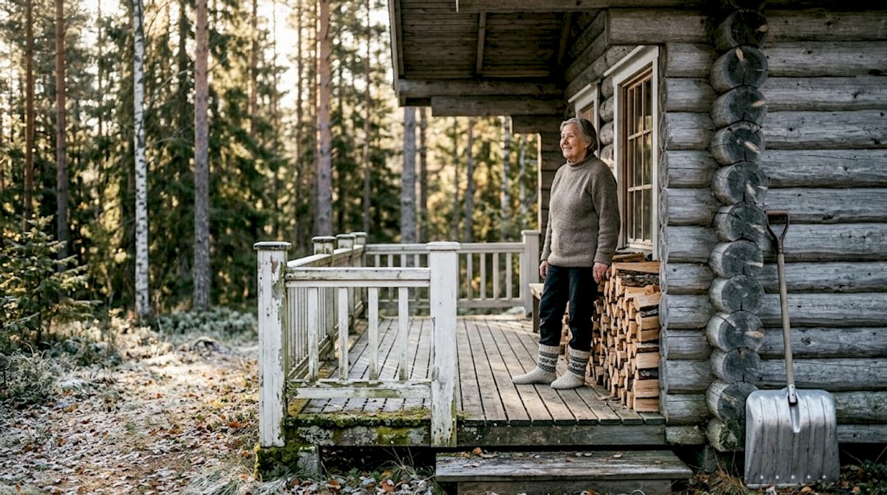 Finnish log cabin with forest background