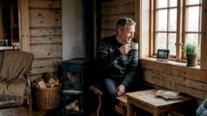 En mann nyter morgenkaffen sin i stua på en koselig tømmerhytte.