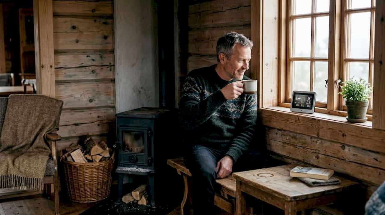 En mann nyter morgenkaffen sin i stua på en koselig tømmerhytte.