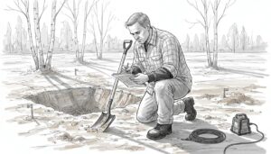 Rakentaja tutkii maaperää omakotitontilla lähiössä.