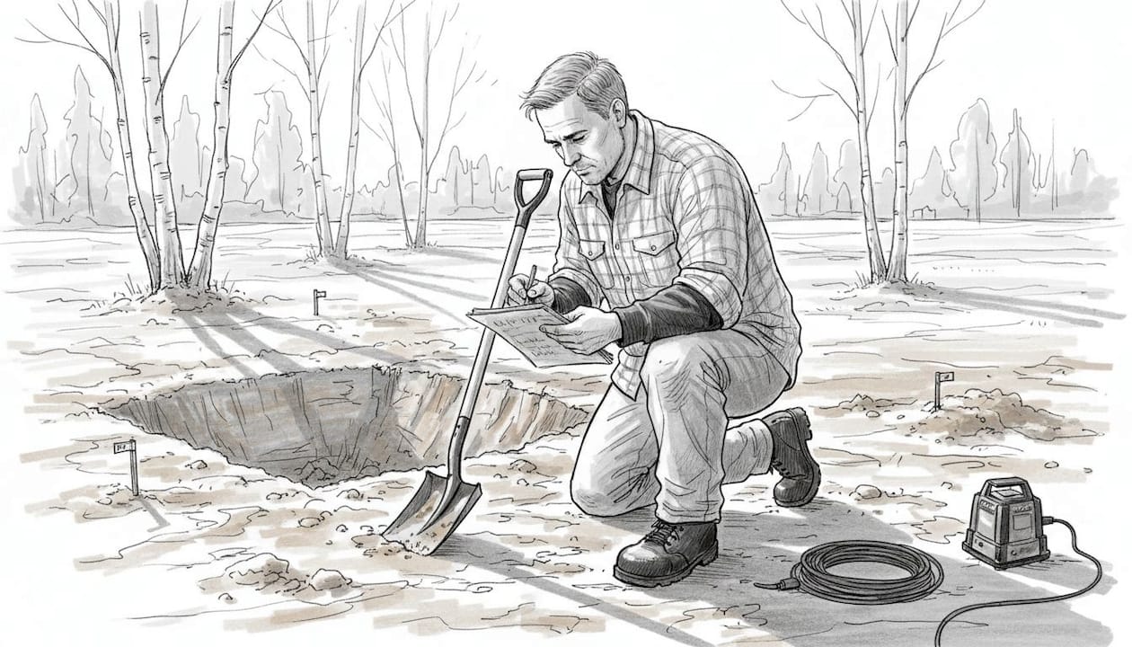 Rakentaja tutkii maaperää omakotitontilla lähiössä.