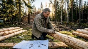 Finnish builder inspecting log home materials