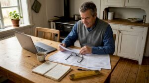 Byggplanerna smids över en kopp kaffe vid köksbordet, med ritningarna utspridda framför sig.