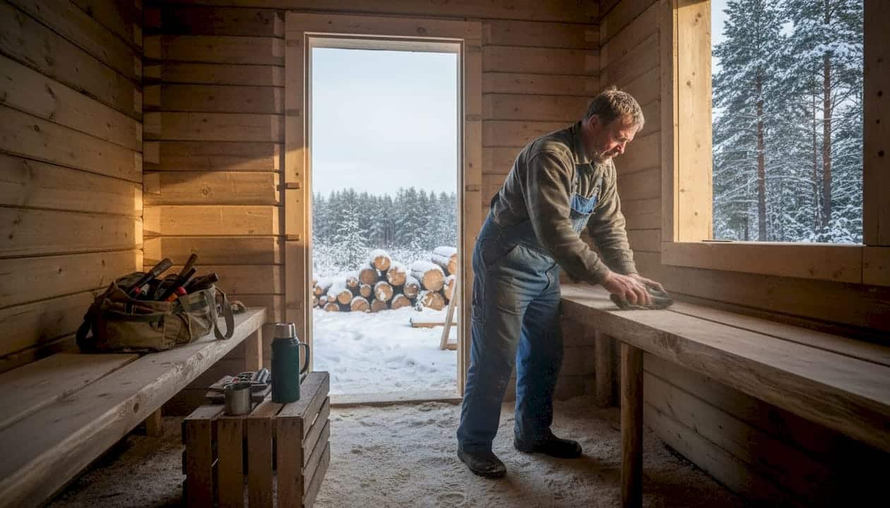 Ein Zimmermann errichtet eine umweltfreundliche Sauna aus nachhaltigen, natürlichen Materialien.