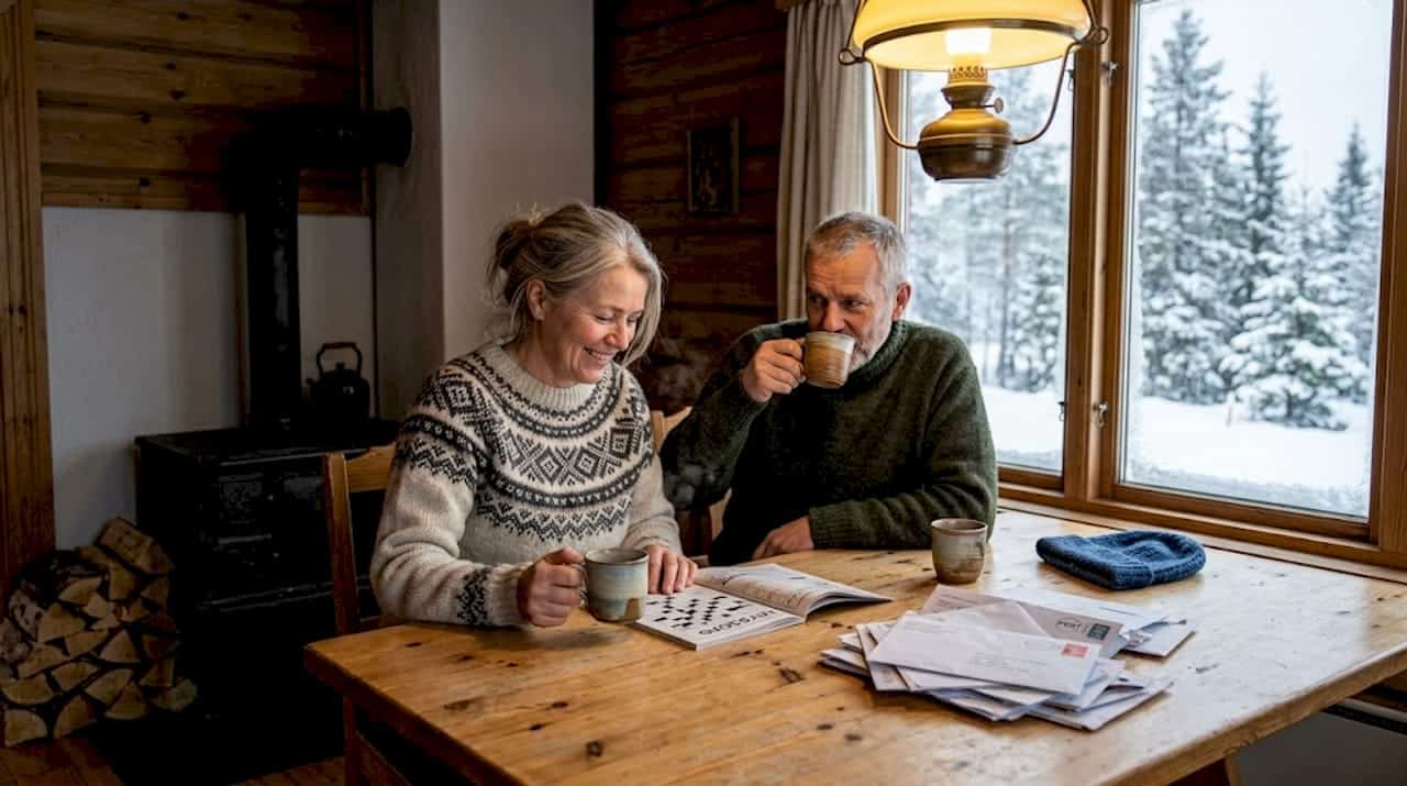 Et par koser seg foran peisen i en hytte mens snøen laver ned utenfor.