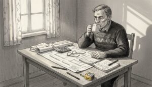 Mies tutkii rakennuspiirustuksia keittiön pöydän ääressä.