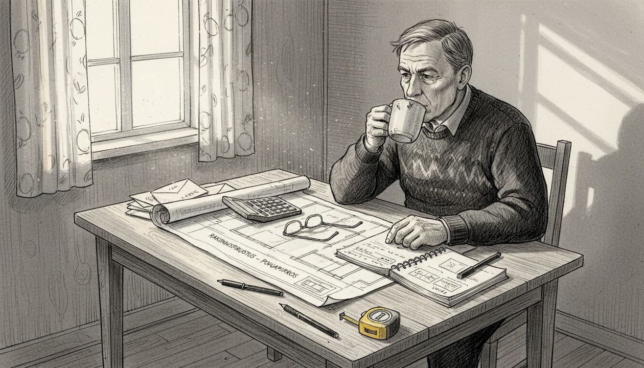 Mies tutkii rakennuspiirustuksia keittiön pöydän ääressä.