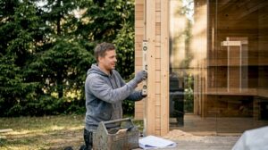 Contemporary log sauna build in progress