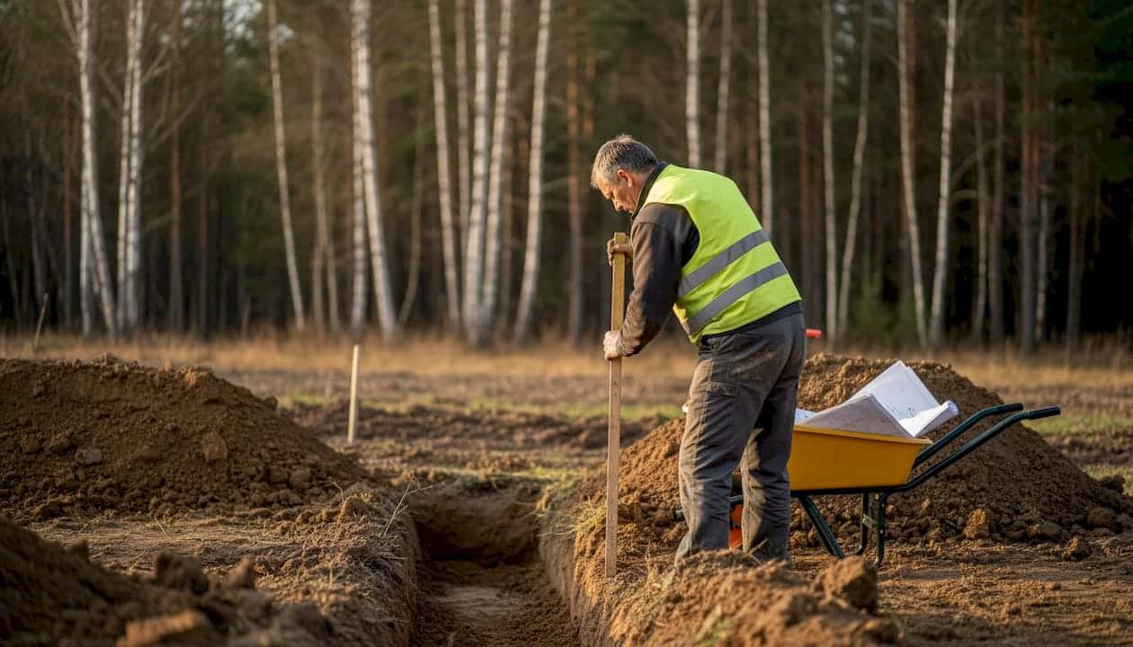 En snickare undersöker husgrunden vid skogsbrynet.