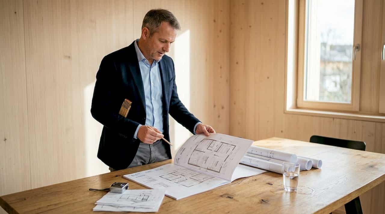 Ein Architekt sitzt am Schreibtisch und arbeitet an den Entwürfen für ein Holzhaus.