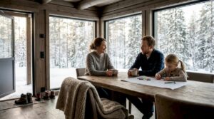 Familien nyter late dager i en moderne tømmerhytte