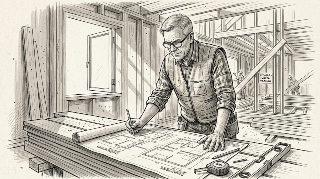 Rakennusmestari varmistaa puutalotyömaan paloturvallisuuden toteutumisen.