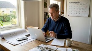 Man sitter hemma vid köksbordet och fyller i bygglovsansökan.