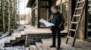 Architect reviewing Finnish timber villa exterior