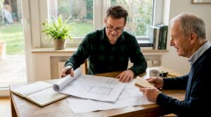 Architekt und Bauherr besprechen gemeinsam die Pläne für die Sauna.