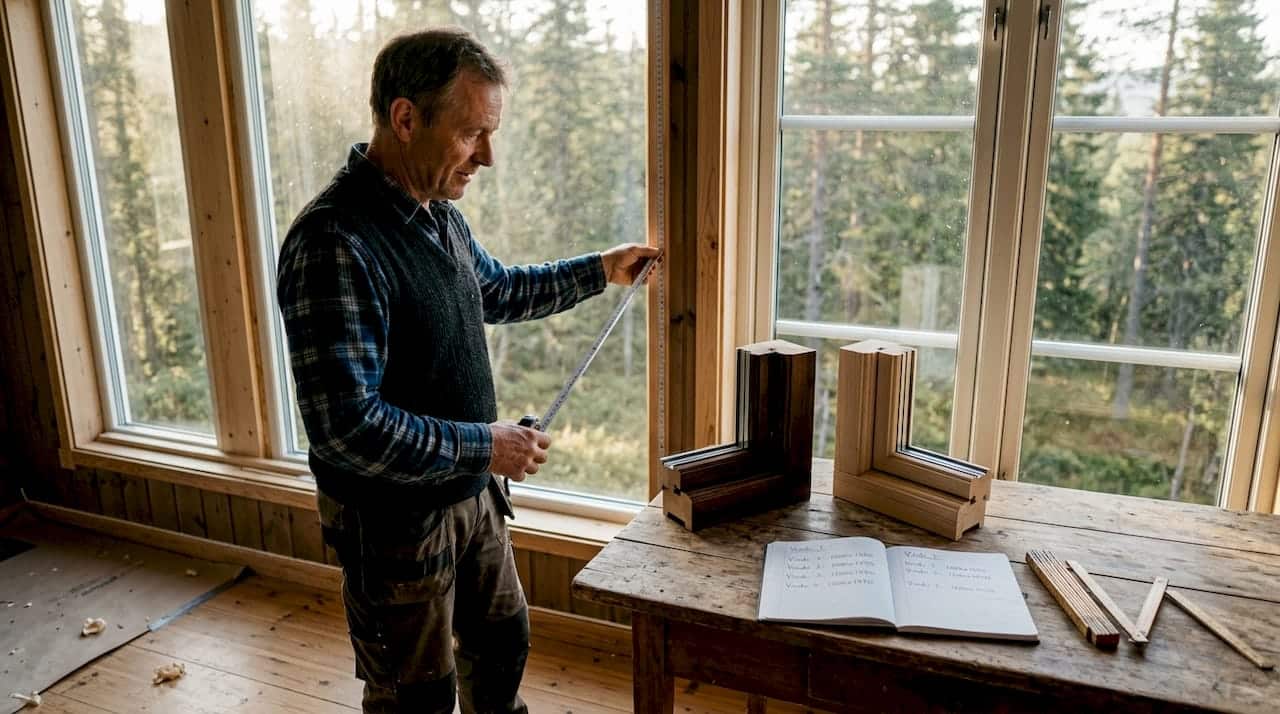 En mann står og vurderer vinduskarmen i ei trehytte.