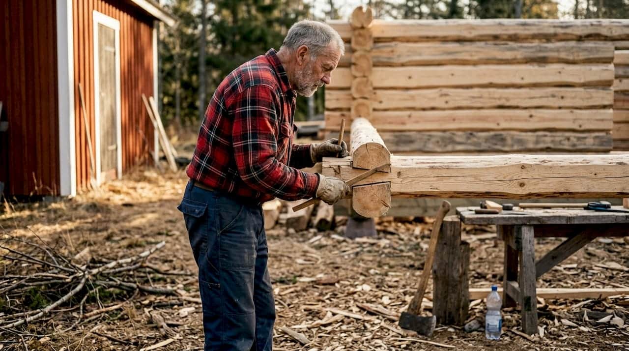 En snickare inspekterar handbilade timmerstockar